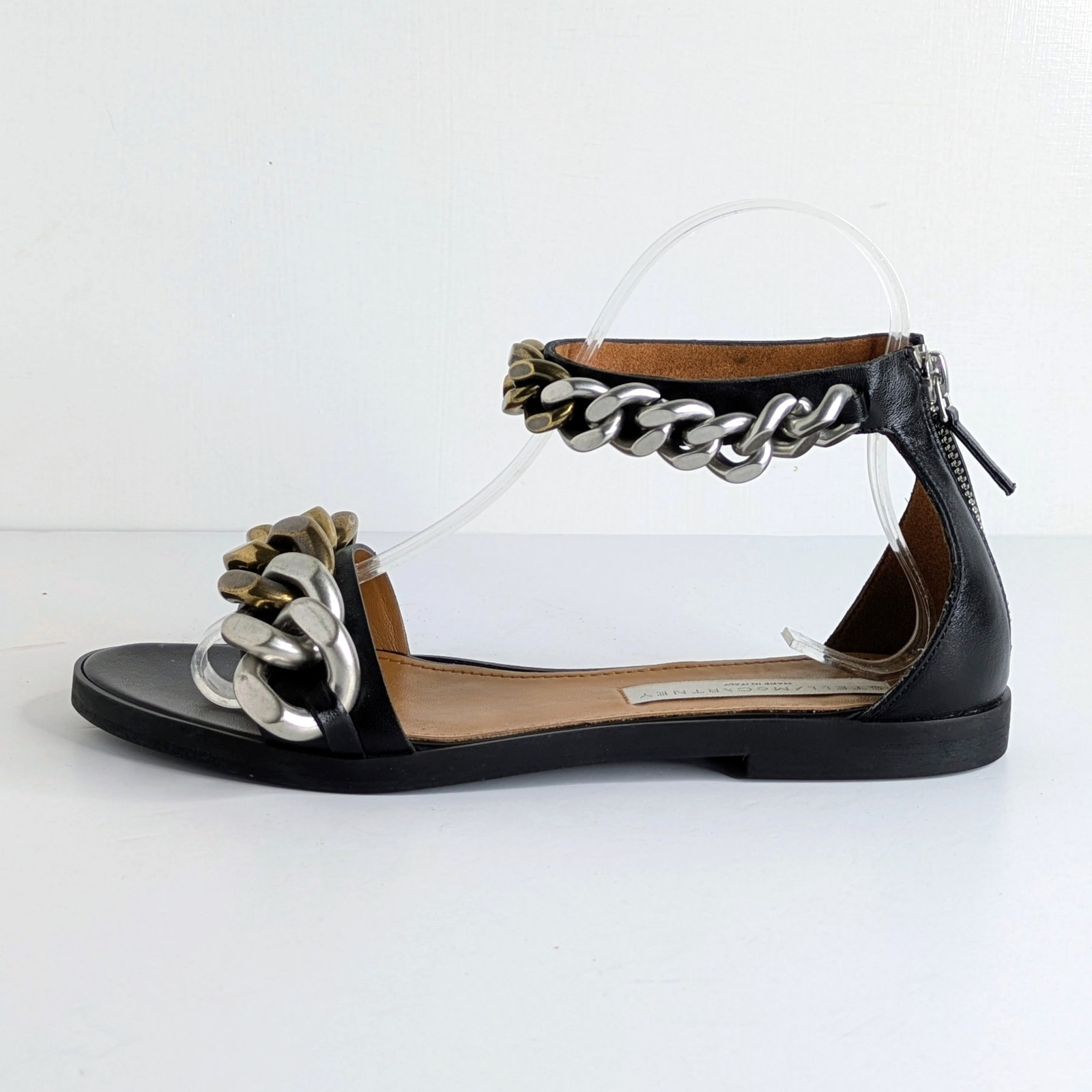 Stella Mccartney Falabella Flat Sandals 37 Black Gold Silver Chain Zipper 7